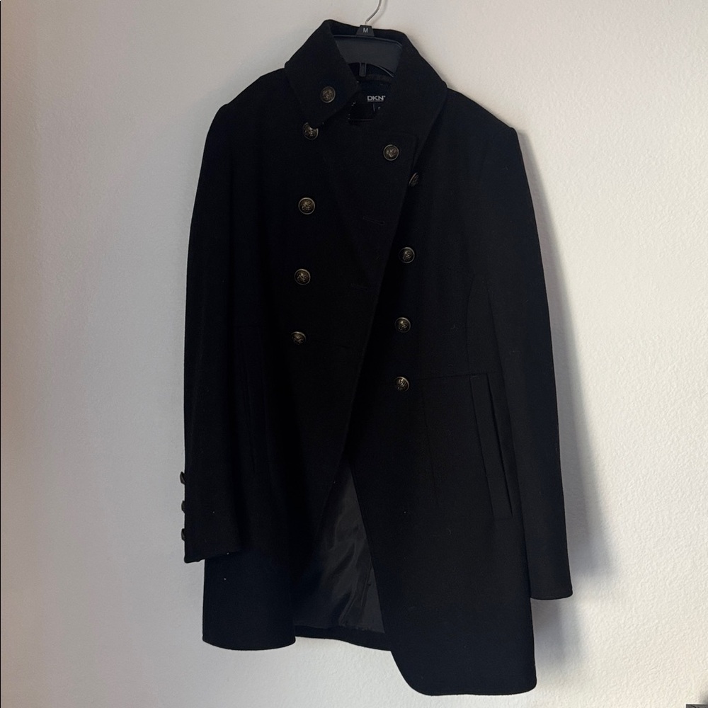 Black DKNY Double-Breasted Coat 60% wool.